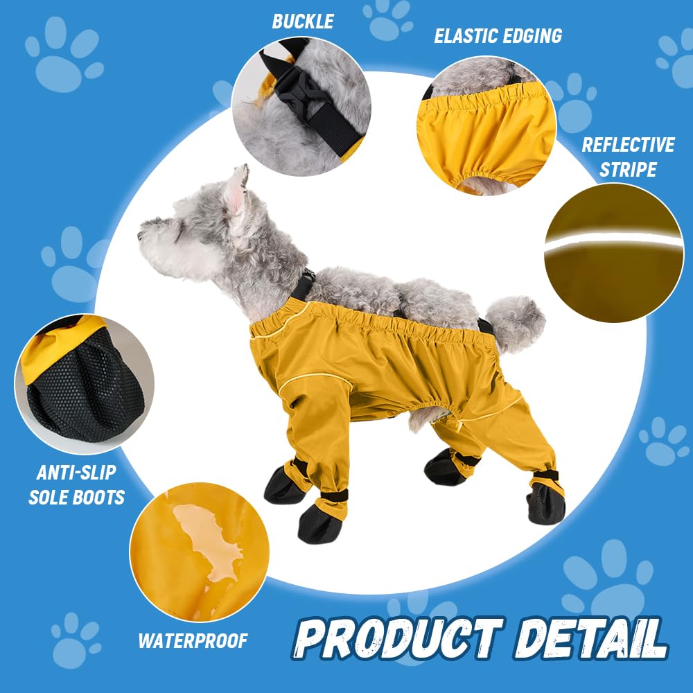 Dog Snowsuit with Attached Boots, Suspender Booties for Small Dogs Anti-Slip, Waterproof Dog Snow Suit with Boots,Anti-Slip Pets Leggings with Adjustable Suspenders (Yellow, X-Small)