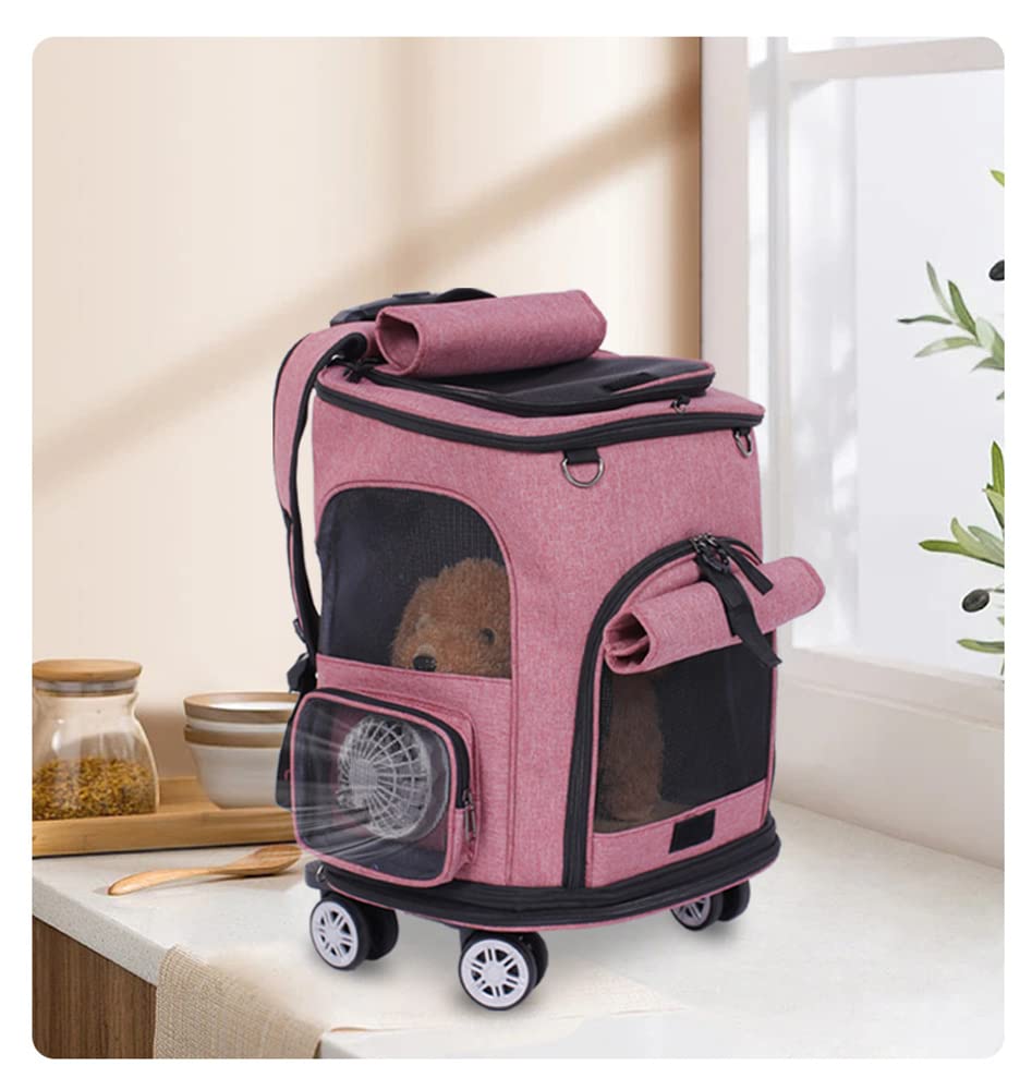 Falytemow Cat Carrier Backpack with Wheels Puppy Carrying Bag with Breathable Mesh and Fan Collapsible Pet Cages on Rolling Trolley with Removable Base and Telescopic Handle for Small Pets Under 18lb