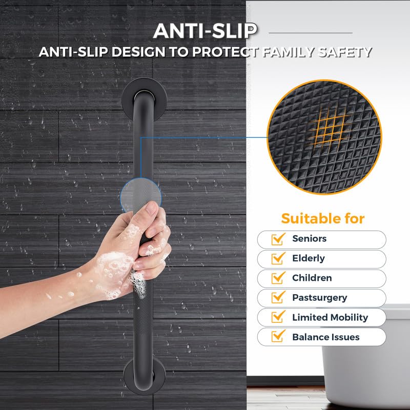 Grab Bars for Shower, 1 Pack 16-Inch Anti Slip Shower Handles for Elderly, Safety Shower Grab Bar, Stainless Steel Handicap Grab Bars for Bathroom (Black 1" Diameter)