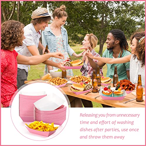 Yinkin 100 Pcs 2lb Paper Food Trays Boat 2lb Disposable Nacho Trays Kraft Paper Boat for Tacos Concession Halloween Christmas Party Supplies(Pink)