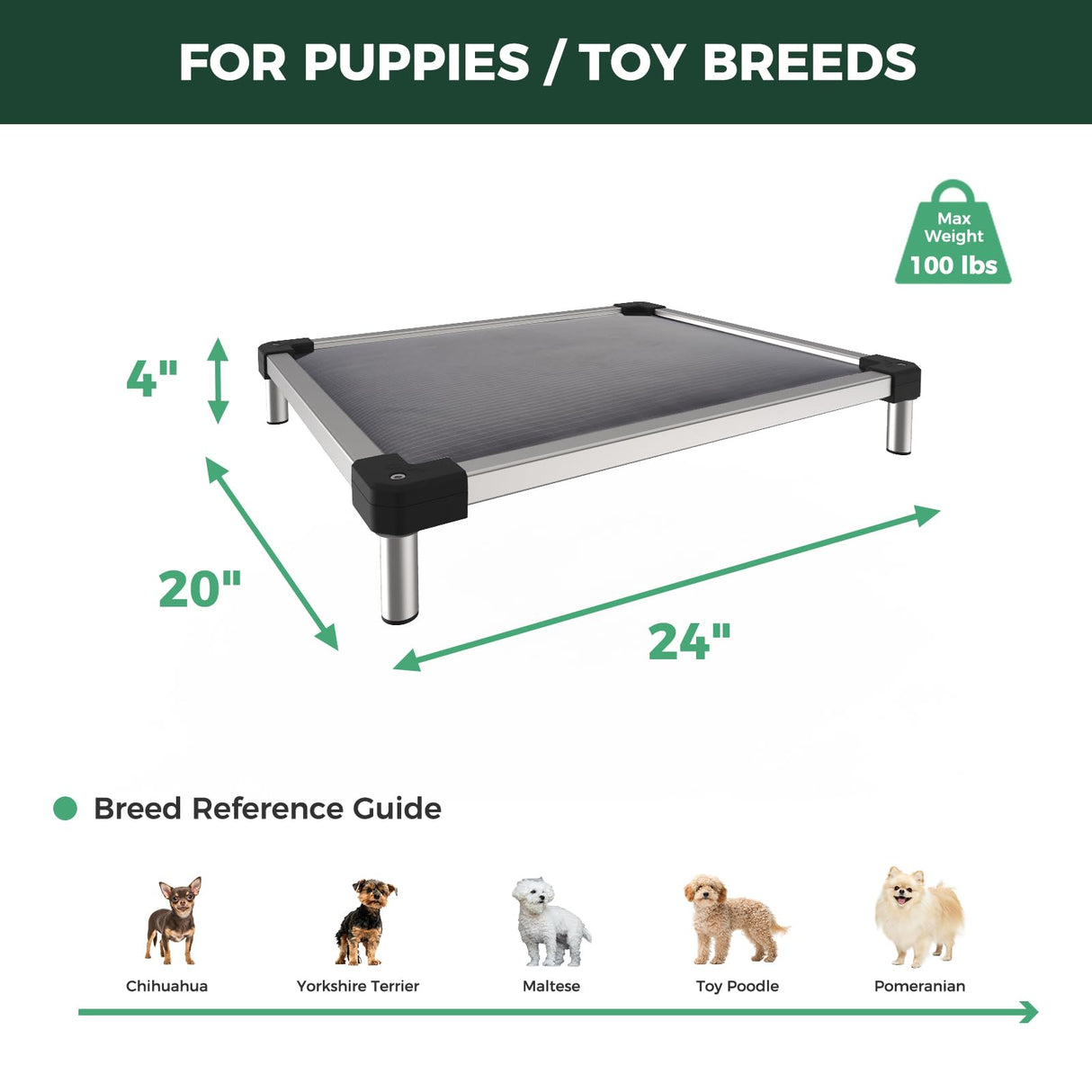 FXW TitanNest Chew-Proof Elevated Dog Bed, Raised Cot for Indoor/Outdoor/Camping Use, Durable & Washable Padded Pet Bed for Toy Dogs, 24.0" L x 20.0" W x 4.1" H, Gray