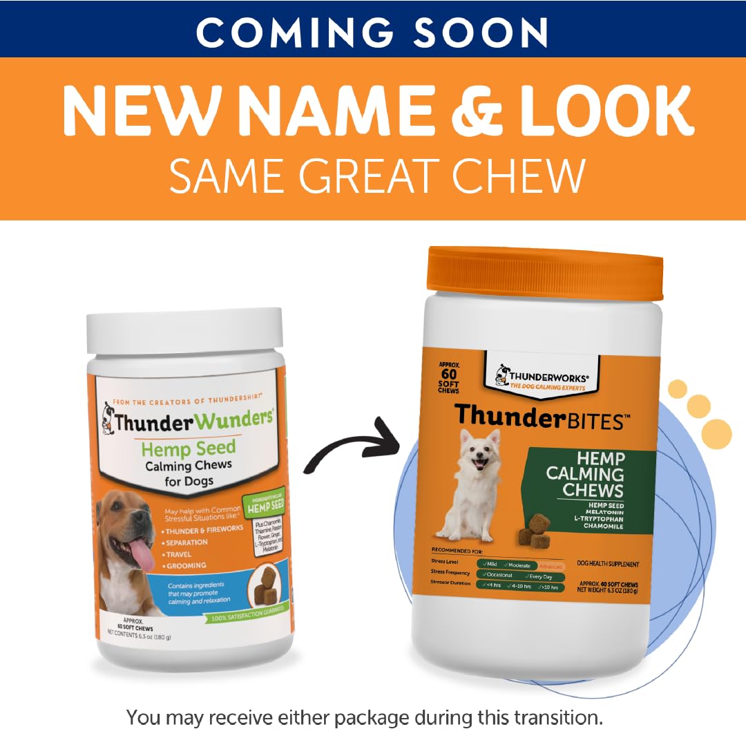 ThunderWunders Hemp Dog Calming Chews | Vet Recommended for Situational Anxiety | Fireworks, Thunderstorms, Travel & More | Made with Hemp Seed, Thiamine, L-Tryptophan, Melatonin & Ginger (60 Count)