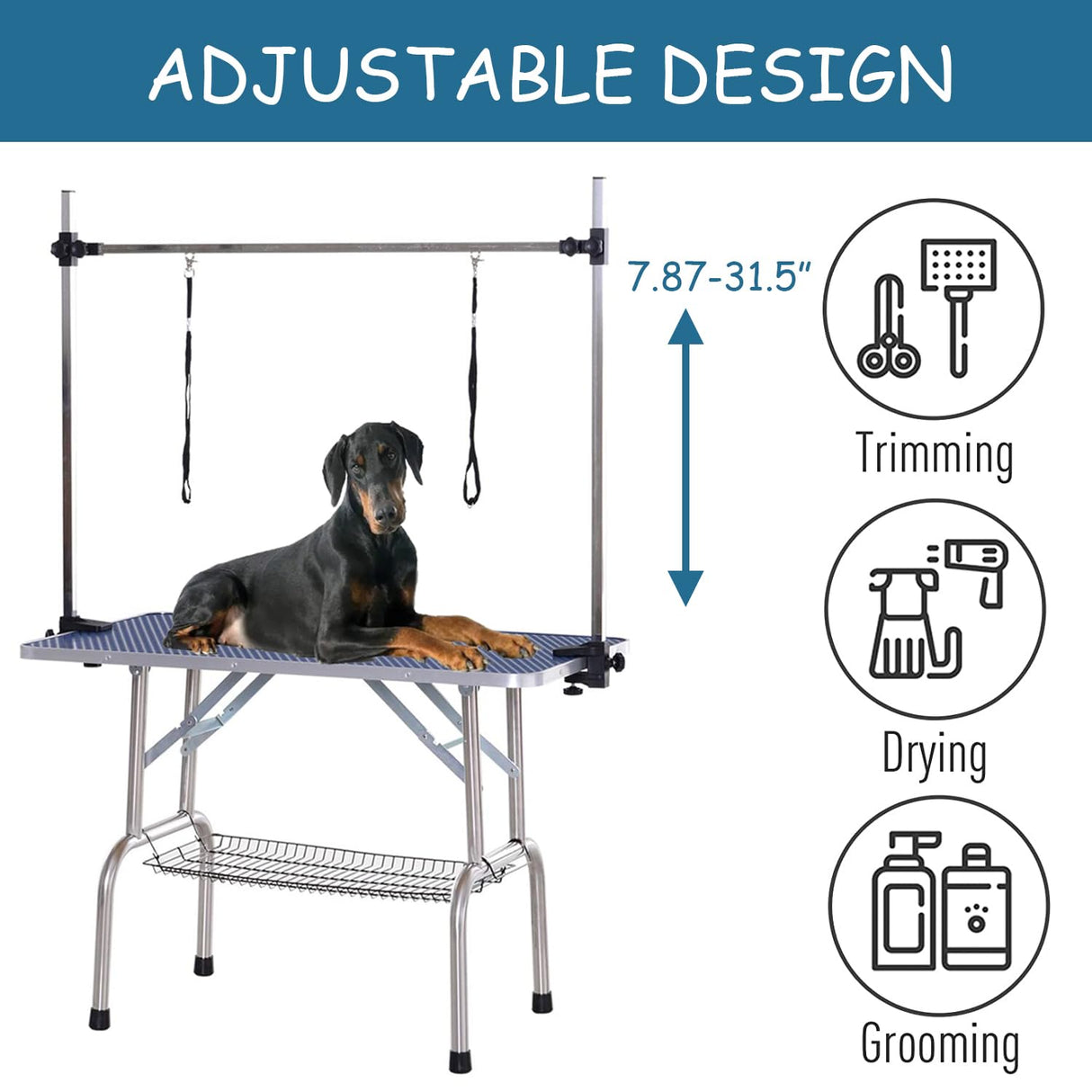 TRODEP 46" Dog Grooming Table Foldable Pet Grooming Tables with Adjustable Arm Noose Storage Mesh Tray Maximum Capacity Up to 330lbs Blue