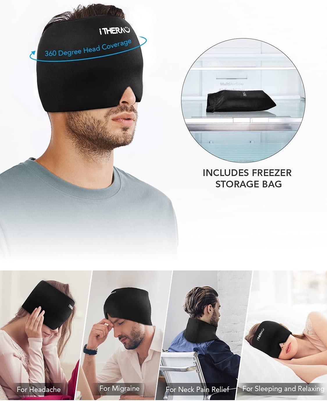 iTHERAU Migraine Ice Head Wrap, Headache Relief Hat & Migraine Cap Cold Compress, Migraine Relief Cap for Headache Eyes Mask for Puffy Eyes, Tension, Sinus & Stress Relief (2Packs)