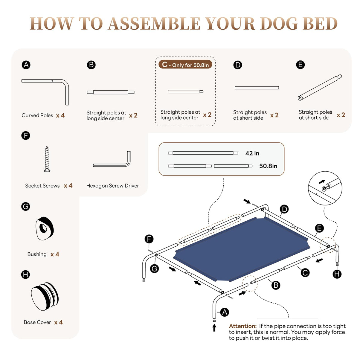STARLATTA Elevated Dog Bed for Large Dogs, Washable Raised Cot with Skid-Resistant Feet, Waterproof Cooling Dog Beds with Oxford Cloth, Indoor/Outdoor Use, Blue 50in
