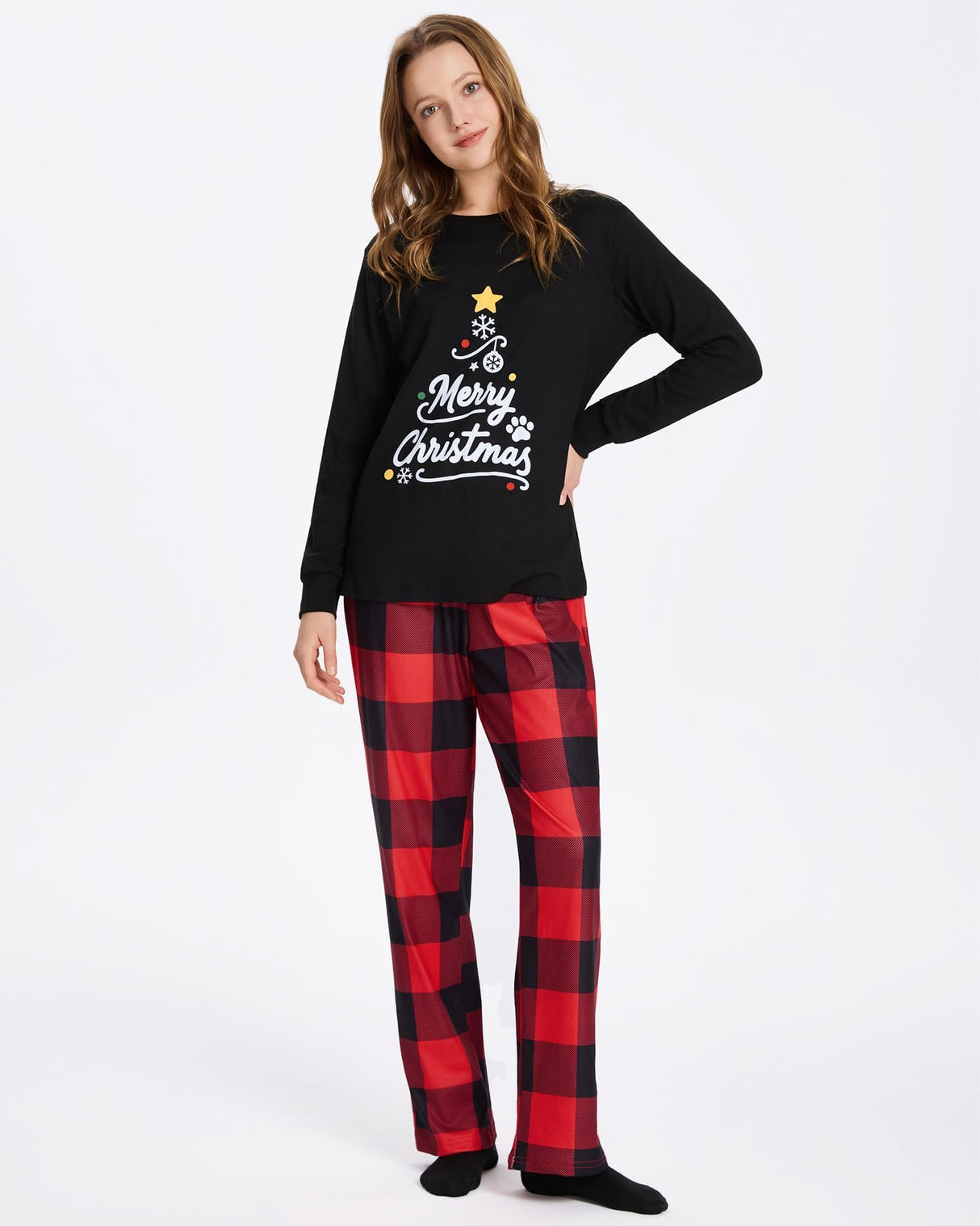 XPUDAC Christmas Matching Dog and Owner Pajamas Set Christmas Pajamas for Women Long Sleeve Sleepwear Long Pants Loungewear Soft Holiday Pjs Set, 3XL Red Black