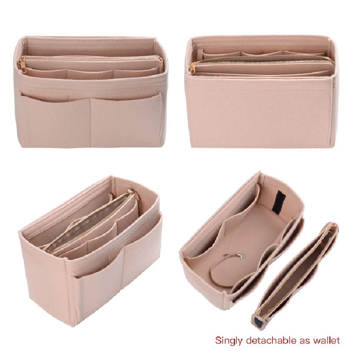 ZTUJO Purse Organizer Insert, Felt Bag Organizer with Metal Zipper, Handbag & Tote Shaper, For Speedy Neverfull Tote, 7 Sizes(Medium, Beige)