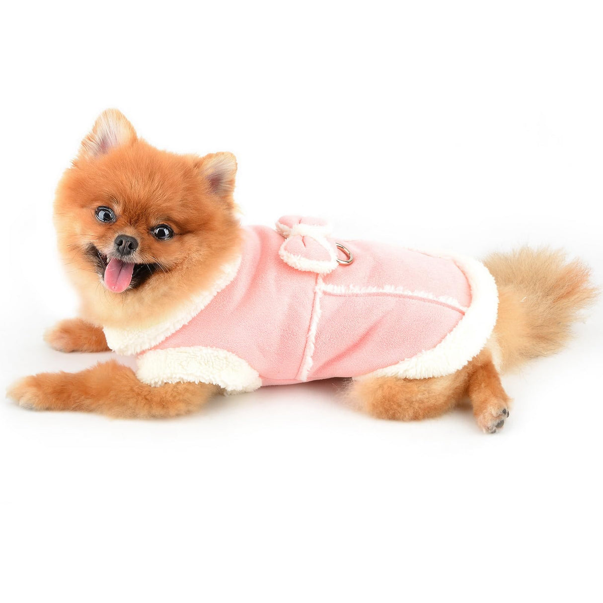 SMALLLEE_LUCKY_STORE Fleece Dog Coat for Small Dog Pet Harness Jacket with Bow and D-Ring, Soft Vest Fall Winter Clothes with Fuzzy Collar Chihuahua Yorkie Cat Apparel, Pink, L