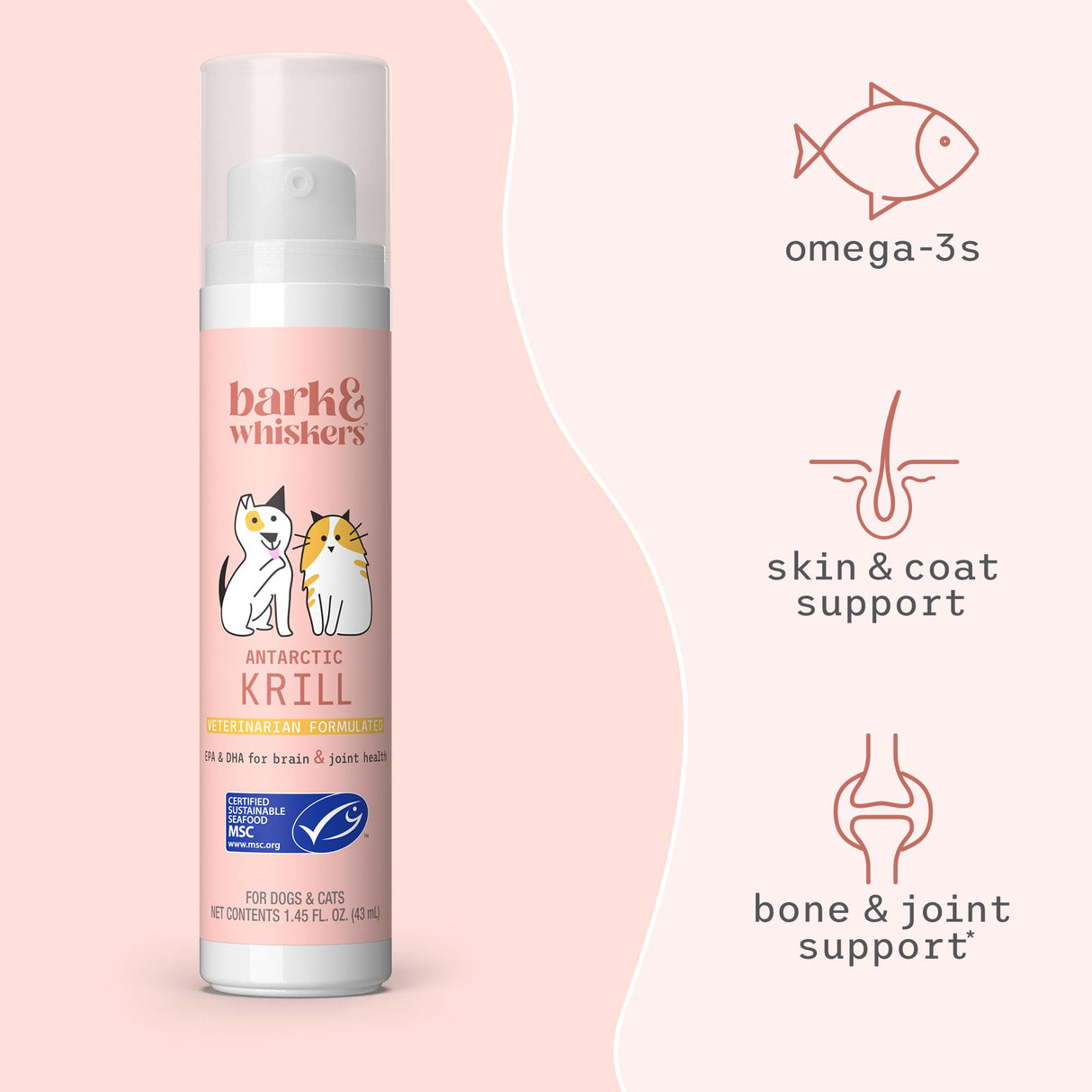Bark & Whiskers Krill Oil Liquid Pump - Omega-3 Fatty Acids for Cats & Dogs - Supports Joint Comfort, Skin & Brain Function - Antioxidant Support - 1.45 Fl Oz (186 Pumps)