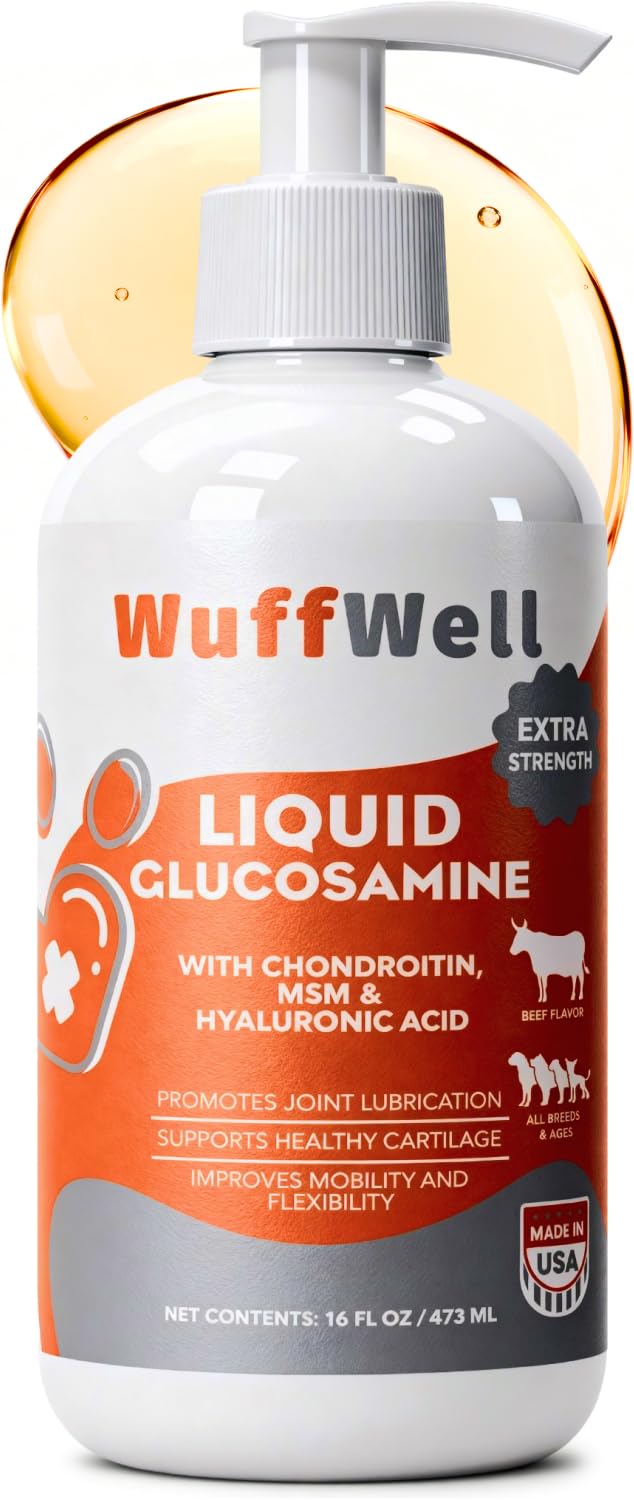 WuffWell Liquid Glucosamine for Dogs - Hip and Joint Support - Made in USA - Glucosamine for Dogs Liquid 16oz - Natural Hip and Joint Supplement - Dog Joint Health - Vet Approved - Easy Dosage