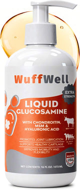 WuffWell Liquid Glucosamine for Dogs - Hip and Joint Support - Made in USA - Glucosamine for Dogs Liquid 16oz - Natural Hip and Joint Supplement - Dog Joint Health - Vet Approved - Easy Dosage