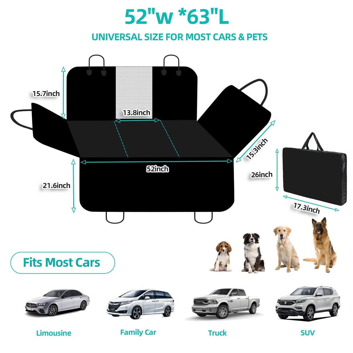 Petiza Back Seat Extender for Dogs Hard Bottom Dog Car Seat Cover for Back Seat Heavy Duty Scratch Proof Nonslip Durable Soft 100% Waterproof Dog Hammock for Car Truck SUV