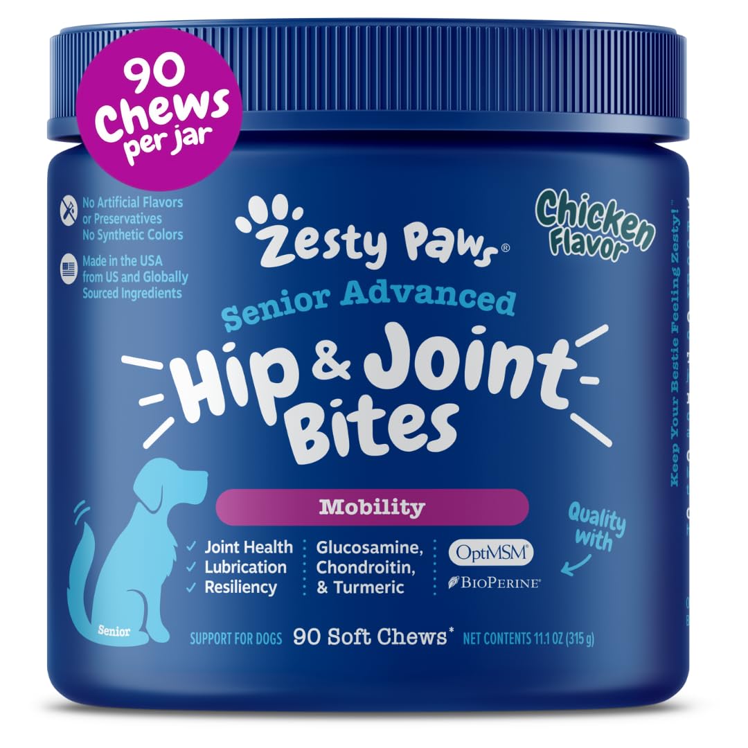 Zesty Paws Mobility Bites Joint Supplement for Dogs - Soft Chews with Glucosamine for Dogs, Chondroitin, & MSM + Vitamins C and E - Adv Chicken - 90 Count