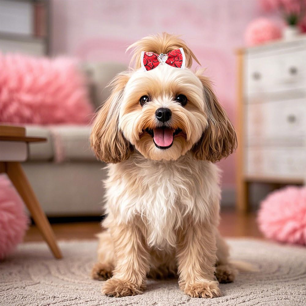20Pcs Valentine's Day Dogs Hair Bows with Rubber Band for Small Medium Pet Curly Adorable Rhinestone Dog Bows Puppy Cat Hair Accessories Heart Pattern (for Valentine’s, Medium (2 inch)