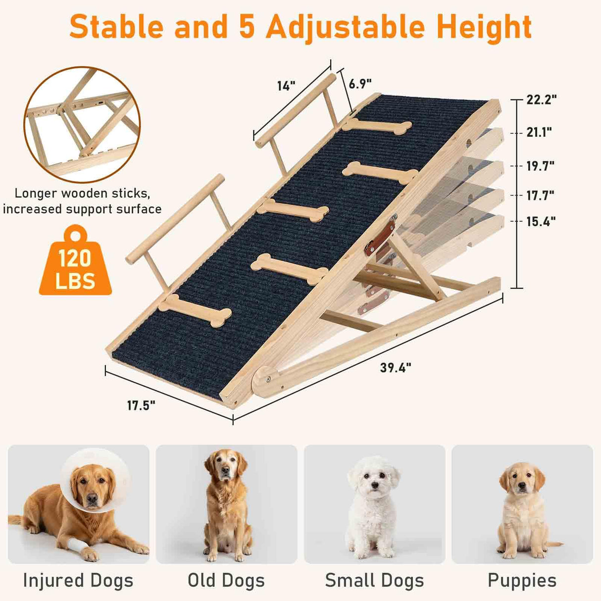 Dog Ramp Adjustable 5 Heights, Non-Slip Design with Leather Handle for Easy Transport & Storage, Perfect for Beds and Couches-Ideal for Small to Large Dogs