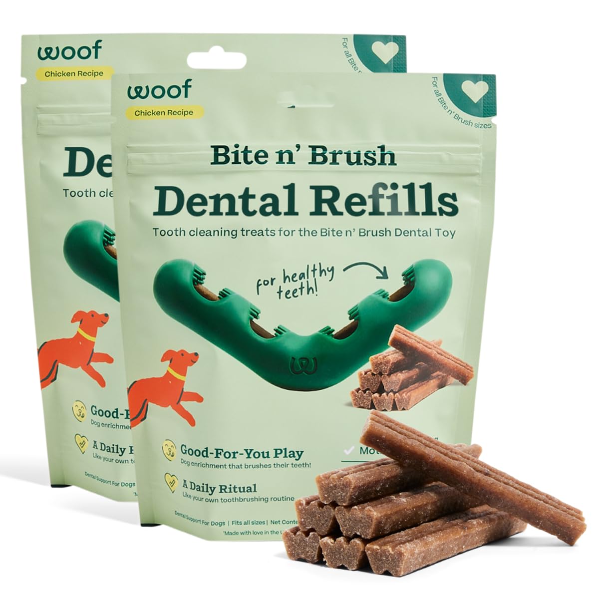 WOOF - Bite n' Brush Refills for The Dog Toothbrush Toy - Scrub Plaque and Tartar from Your Dog's Teeth and Mouth - Dog Dental Chew Toy Treats - Approximately 16 Refills - 2 Pack