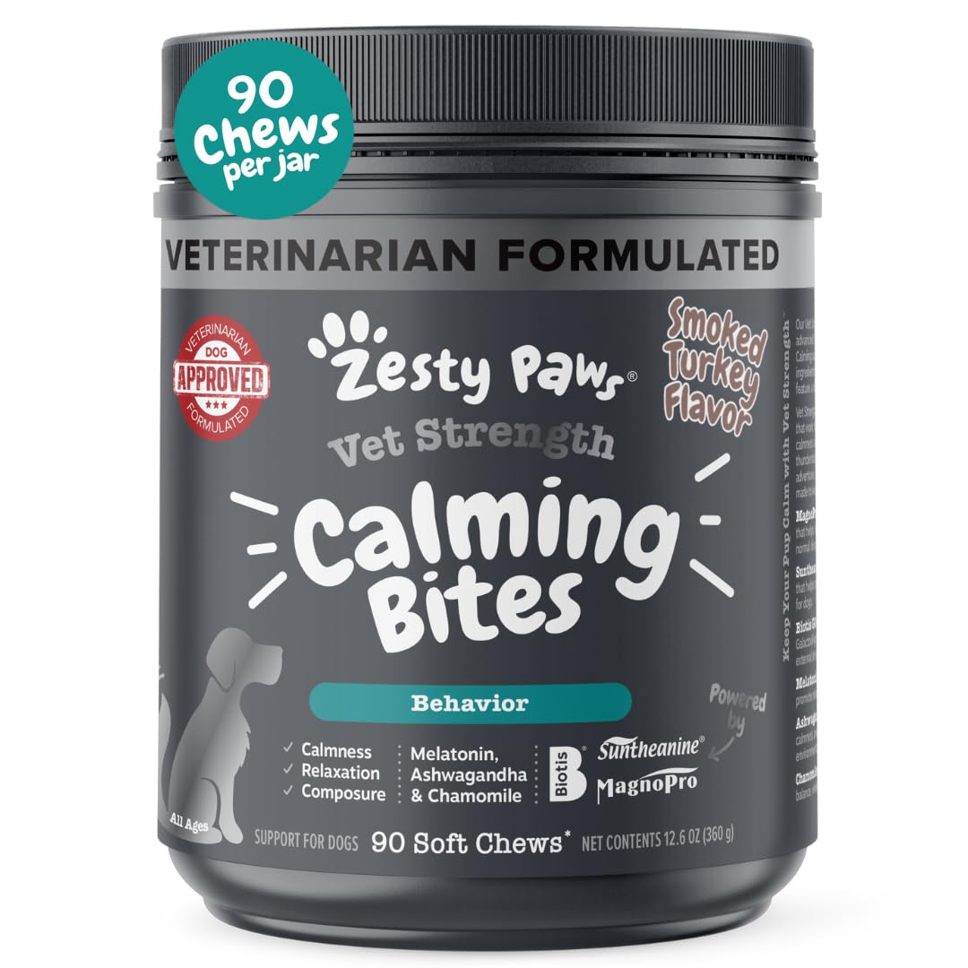 Zesty Paws Vet Strength Calming Chews for Dogs - for Everyday Stress, Relaxation, Composure, and Separation Smoked Turkey 90 Count