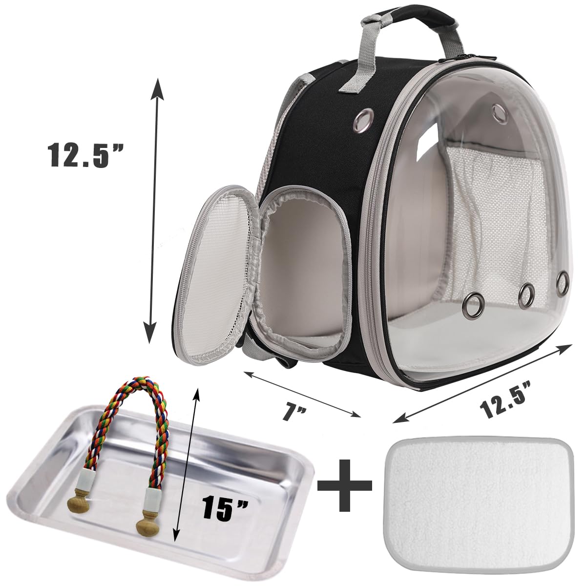 Small Bird Travel Backpack Carrier Cage, Backpack to Transport Backpack Carrier with Metal Tray Stand Perch for Parakeet Cockatiel Budgies Vet Carry Book Bag Black