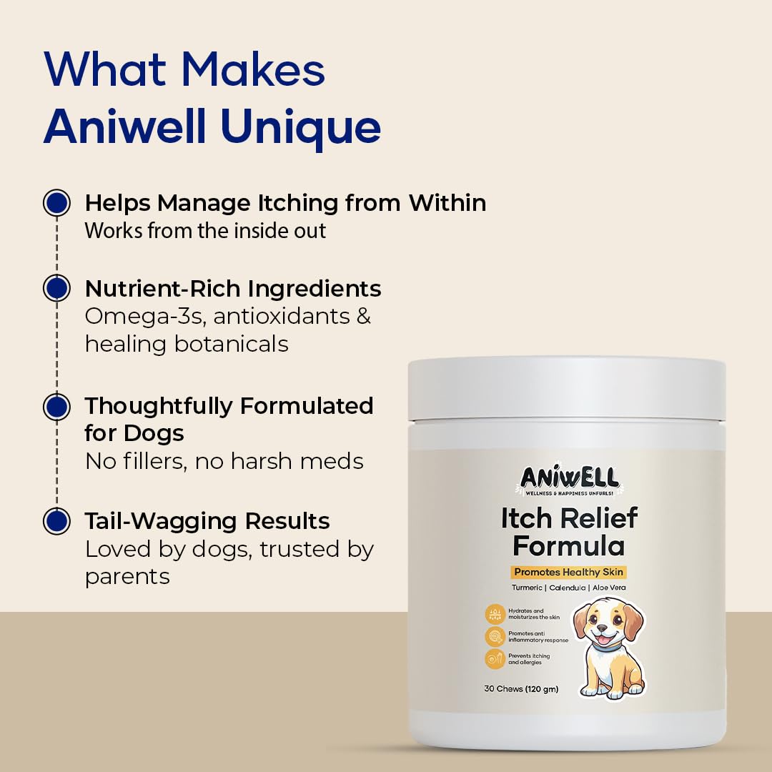Aniwell Itch Relief Chews for Dogs – Vitamin E & Borage Oil Supplement – Packed with Beneficial Fatty Acids for Healthy Skin – Seasonal Allergies Support