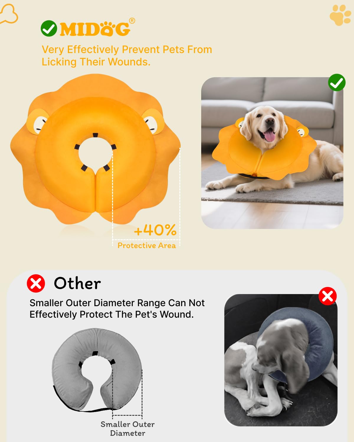 MIDOG Dog Cone Collar for Large Medium Dogs, Soft Inflatable Dog Cone Alternative After Surgery, Adjustable Protective Recovery Cone - Alternative E Collar Does Not Block Vision (Lion,XL)