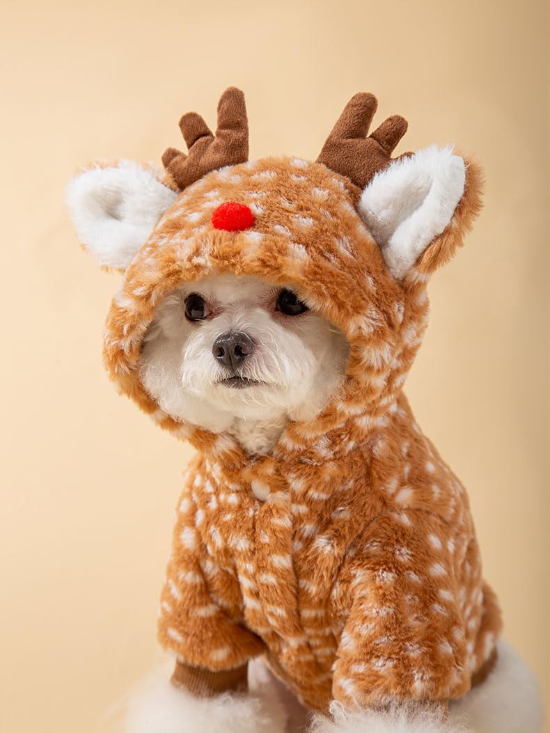 AZA Reindeer Dog Costume Fluffy Christmas Clothes Moose Coat Winter Pet Hoodies Puppy Girl Cute Coat Outfits for Small Dogs Costumes (S（Suitable：3.5lb-5.5lb）,Moose Brown)