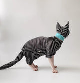 SNIXfever Sphynx Cat Clothes Black Stripe Breathable Shirts Suit, Pet Hat and Shirt Set (X-Large)