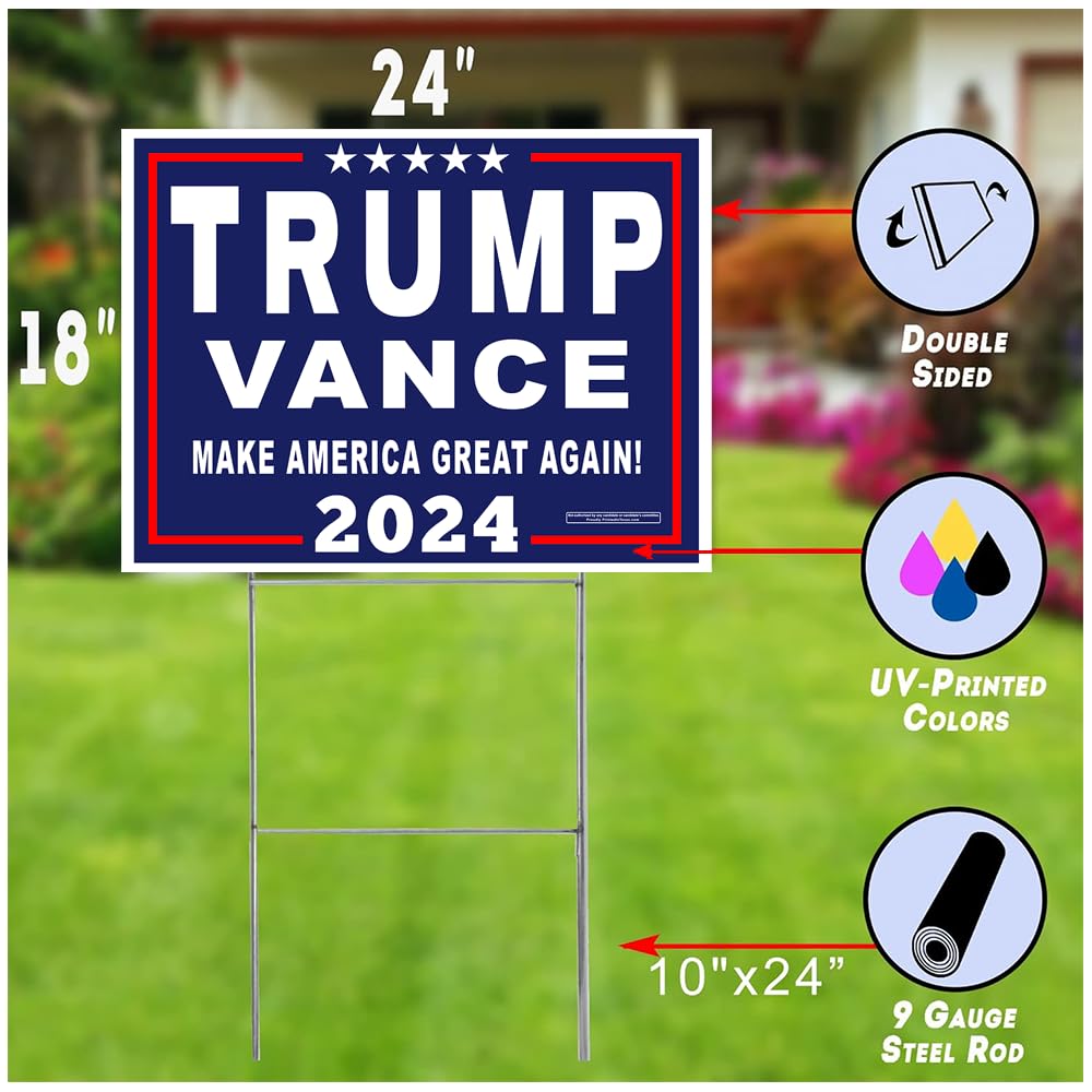 Donald Trump Vance Yard Signs MAGA 2024 with Metal Stand Made in America! (1, 24X18)