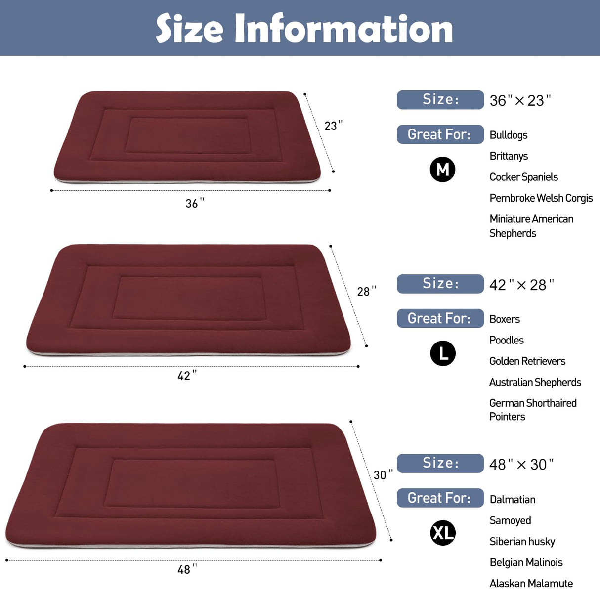 JoicyCo Dog Bed Soft Dog Crate Bed Pad Mat, 48 in Non Slip Bottom Washable Beds for Extra Large Dogs, Pet Bed Mattress Kennel Pad, Dark Red