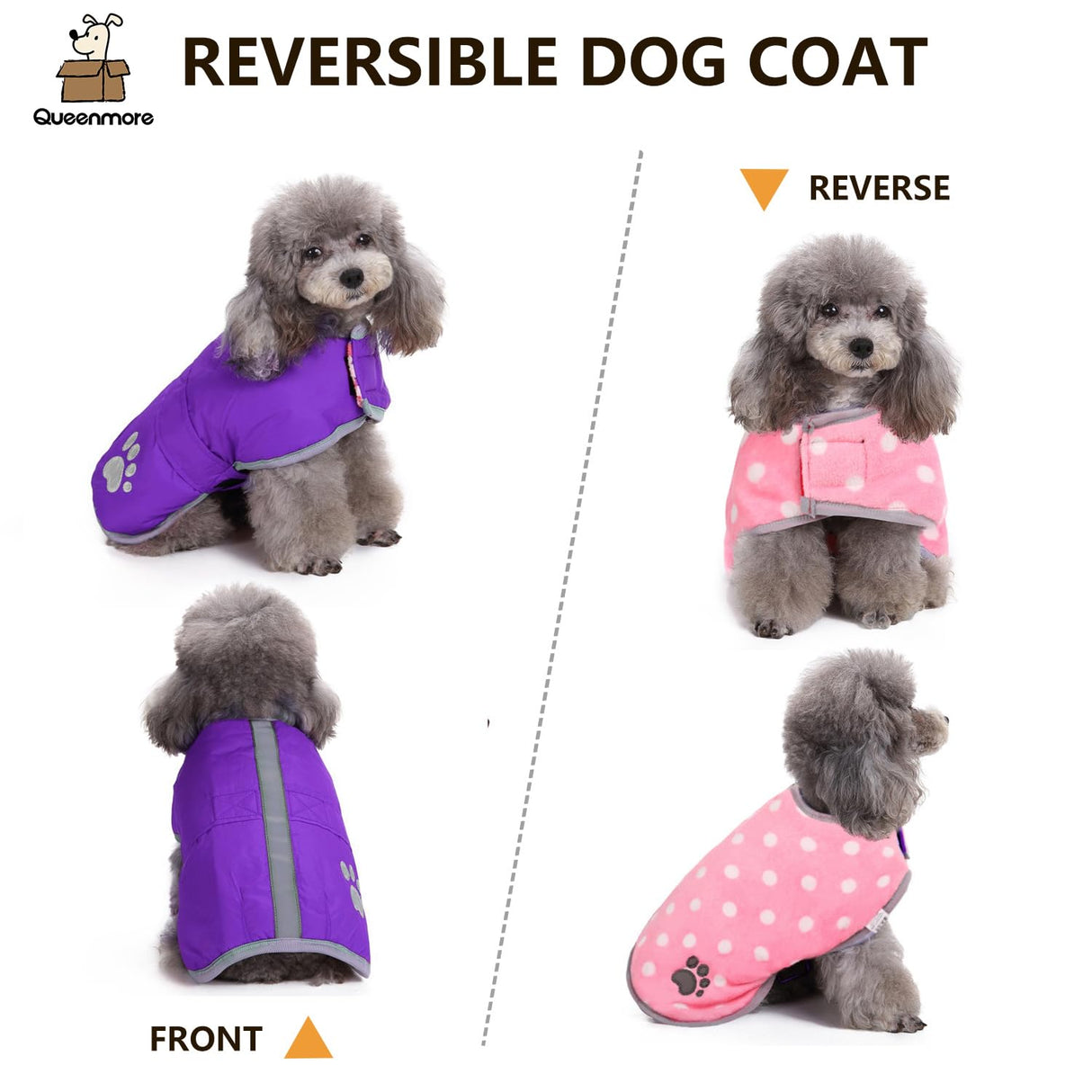 Queenmore Dog Winter Coat, Cold Weather Fleece Jacket for Dogs, Waterproof Reflective Reversible, for Small, Medium and Large Dogs (Purple, XL)