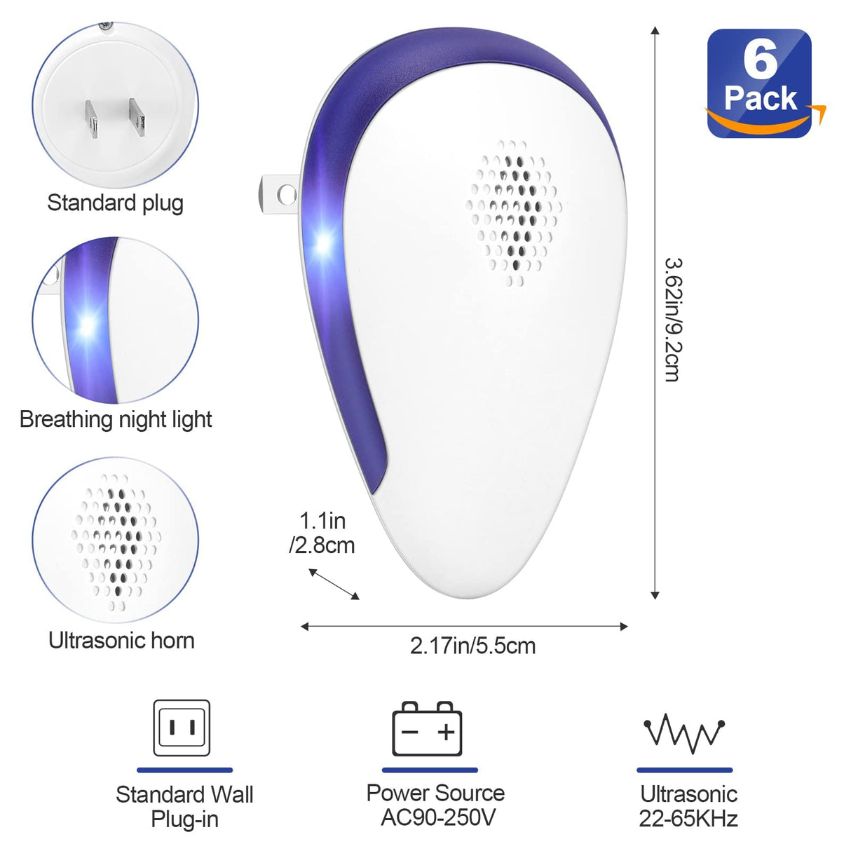 KONIGEVA Ultrasonic Pest Repeller,Pest Control Repeller,High Frequency Ultrasound Electronic Pest-Outdoor Repeller for Mosquito,Mice,Roach,Spider,Insects,Rat, Flea(6 Packs), White