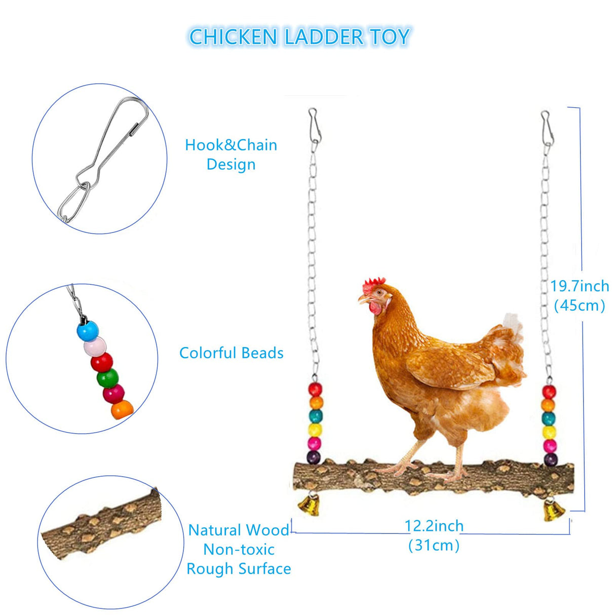 Longer Chain Chicken Toys for Coop Accessories 7PCS, Chicken Swing Ladder Perch roosts, Chicken Xylophone Mirror with Bells Vegetable Fruits Hanging Chicken Feeder for hens Bird Parrot