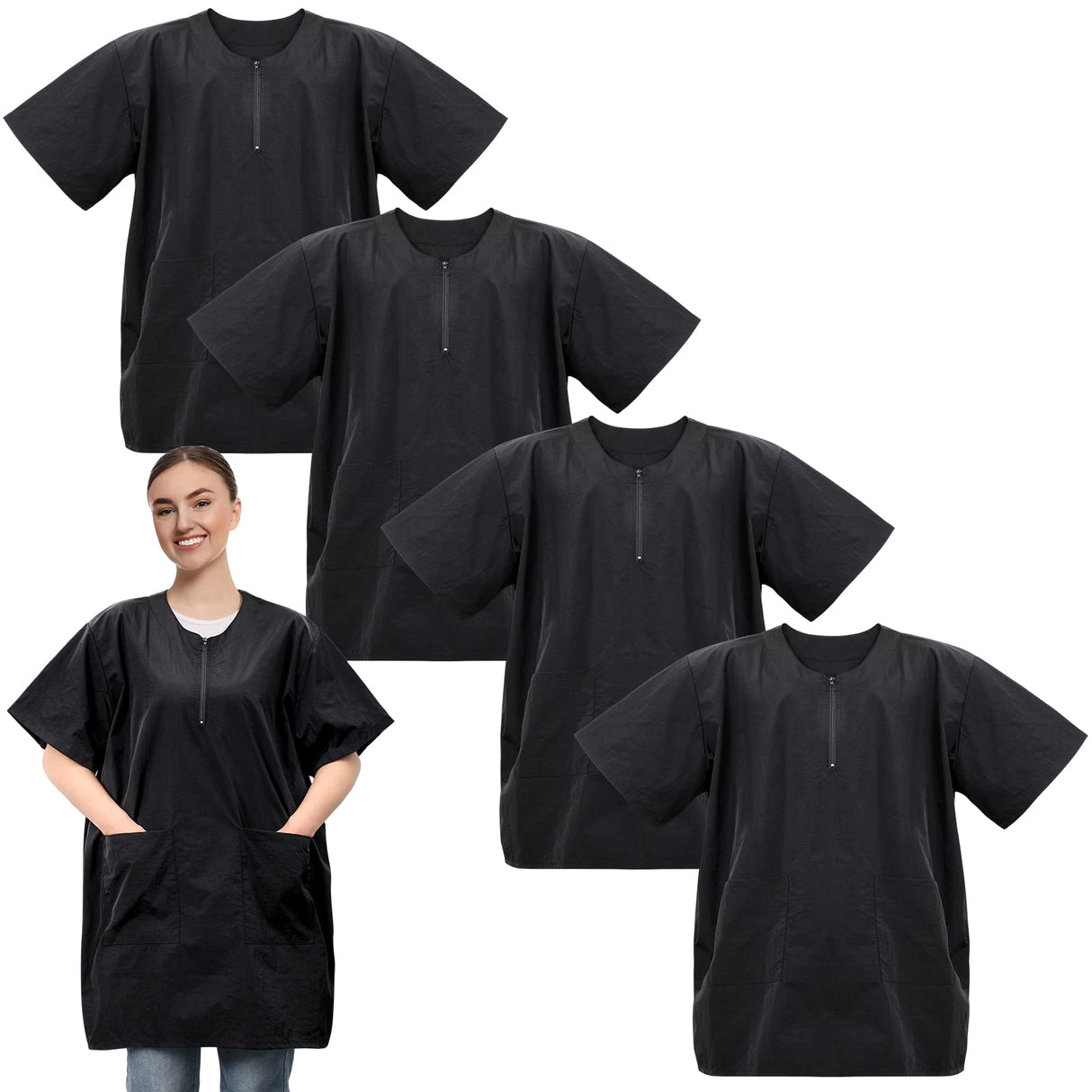 Bonuci 4 Pack Pet Grooming Work Clothes with Zipper, 3XL Size, Anti Static Splash Proof Barber Smock for Pet Dog Grooming, Hairdressers, Cosmetologists