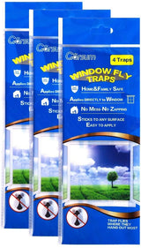 GARSUM Window Fly Traps Indoor, Fly Paper Bug Sticky Strips, House Fly Killer Window Decal Non-Toxic,4 Piece per Pack Total 12 Pices