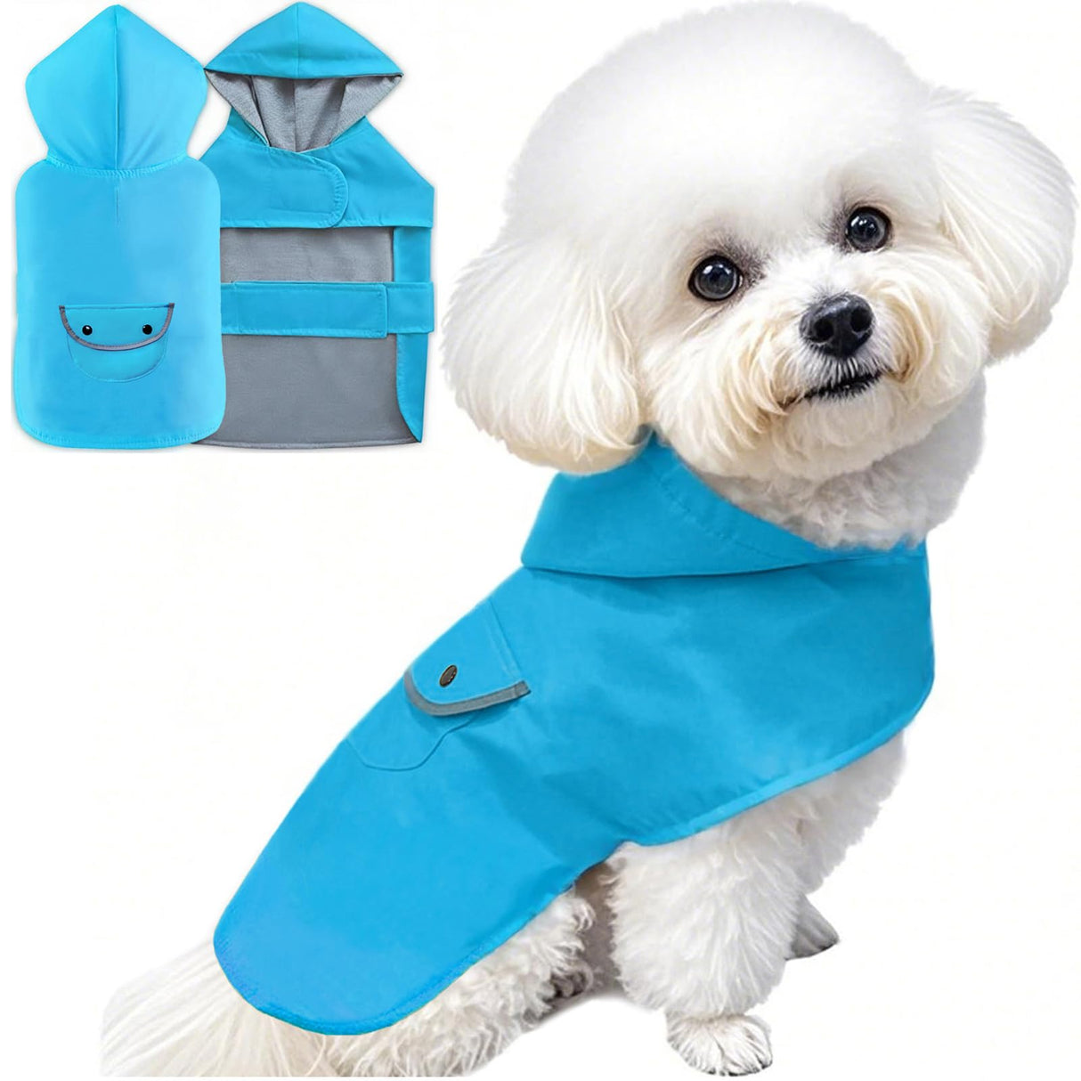 BECNBEAU Dog Raincoat Dogs Rain Jacket Reflective Winter Warm Lined Poncho Rainwear Waterproof Pet Clothes Pocket Hooded Leash Hole Adjustable Small Medium Dogs,Blue,XL,Back Length 14.9 Inch