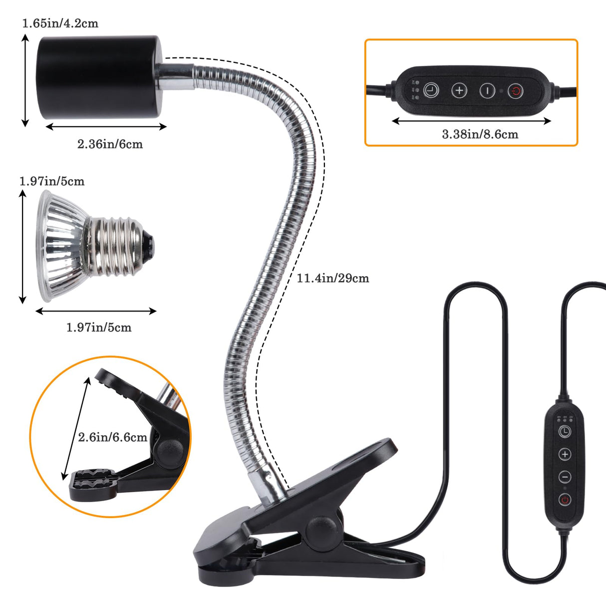 LUCKY HERP Reptile Heat Lamp with Clamp, Aquarium Turtle Tank Basking Light with 360° Rotatable Timing & Dimming and 2 Pack 50W UVA UVB Heat Light Bulb for Turtle Tortoise Lizard