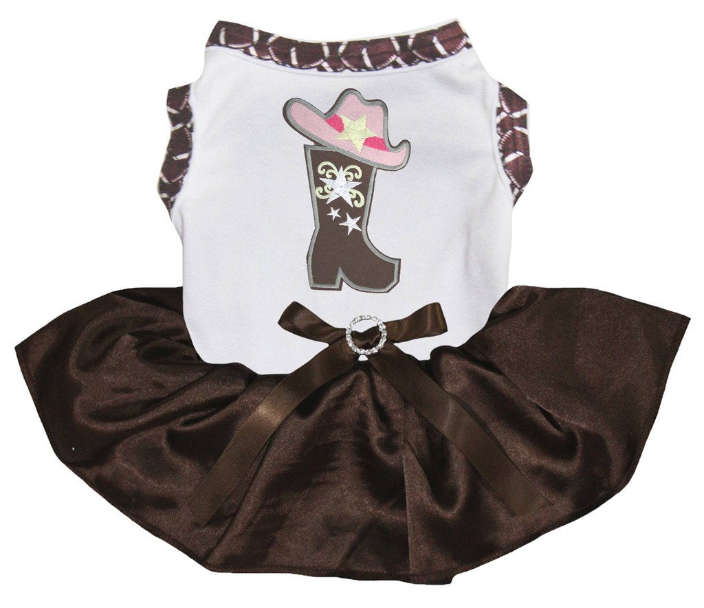 Petitebella Cowgirl Boot Hat Puppy Dog Dress (White/Brown, X-Large)