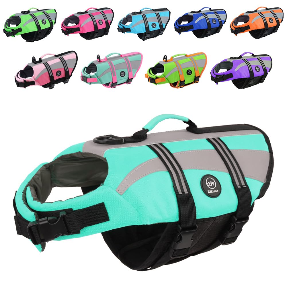 EMUST Dog Life Vests, Adjustable Dog Life Jackets for Small Dogs with Enhanced Buoyancy, Small Dogs Flotation Vest with Durable Rescue Handle, Turquoise,XS