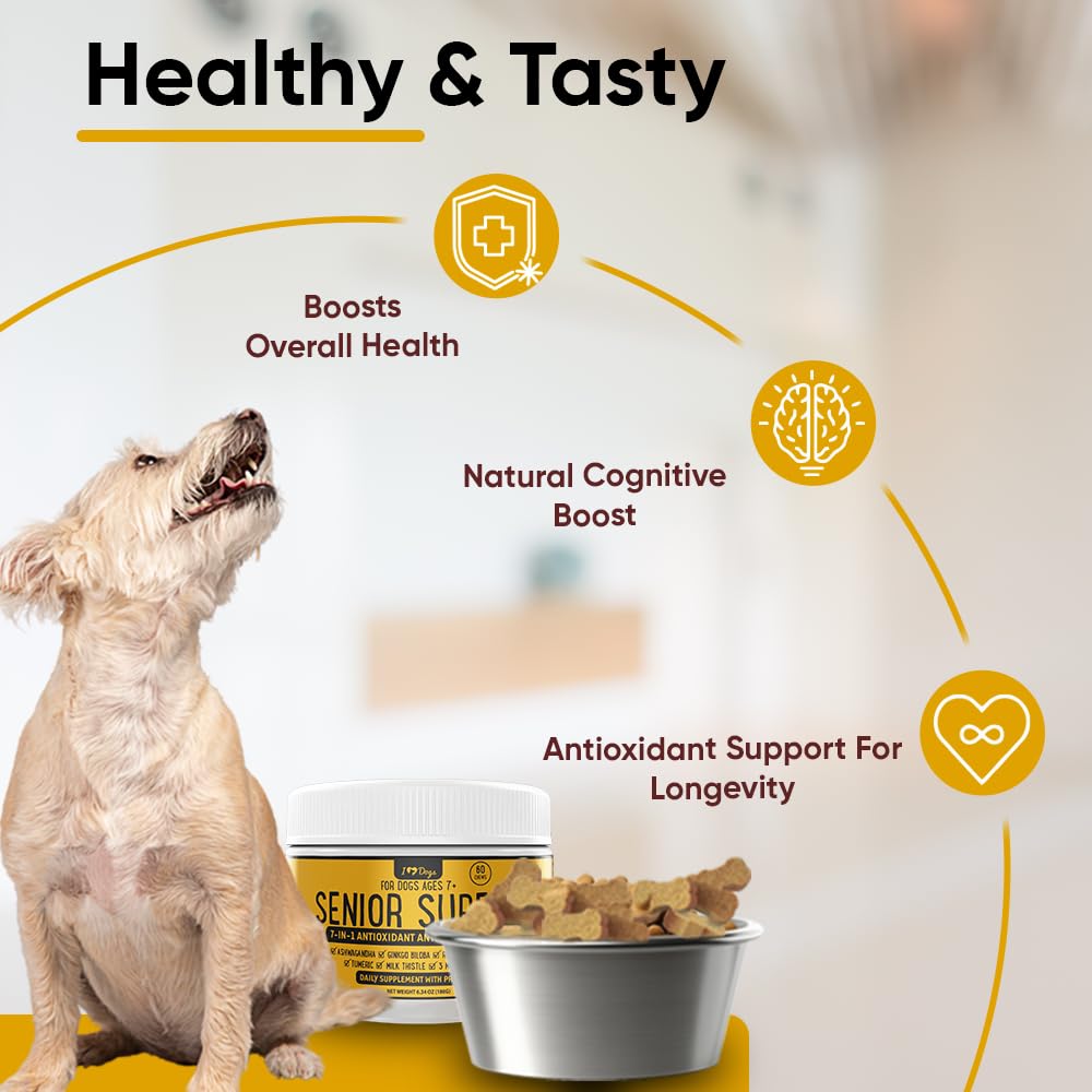 iHeartDogs Senior Super 7 Daily Dog Multivitamin - 7-in-1 Vitamin for Dogs Supports Anti-Aging with Antioxidants, Probiotics, Lion's Mane, Turkey Tail, & Ashwagandha for Longevity & Cognitive Boost