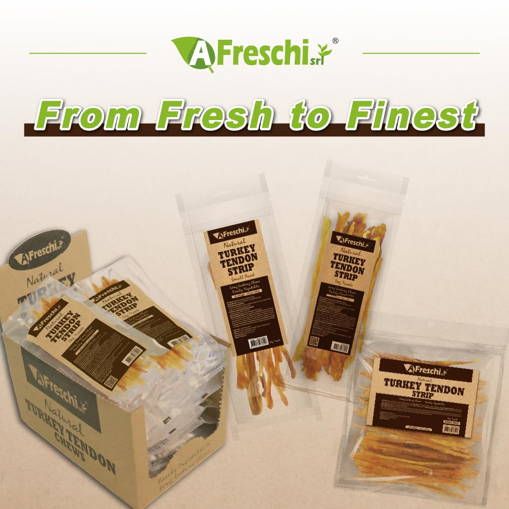 A Freschi srl Turkey Tendons for Dogs, Long-Lasting, Hypoallergenic Rawhide Alternative, Human Grade, Healthy Puppy Chews, Natural Dog Treats for Small Dogs, Strips, 10oz Pack