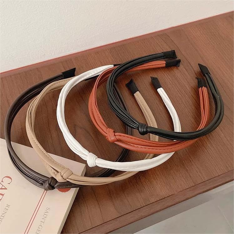 WOVOWOVO 5 Pcs Thin Leather Headbands for Women, Cute Knotted Head Bands for Women’s Hair Womens Headbands Fashion Black Brown White Headbands for Girls Womens Hair Accessories