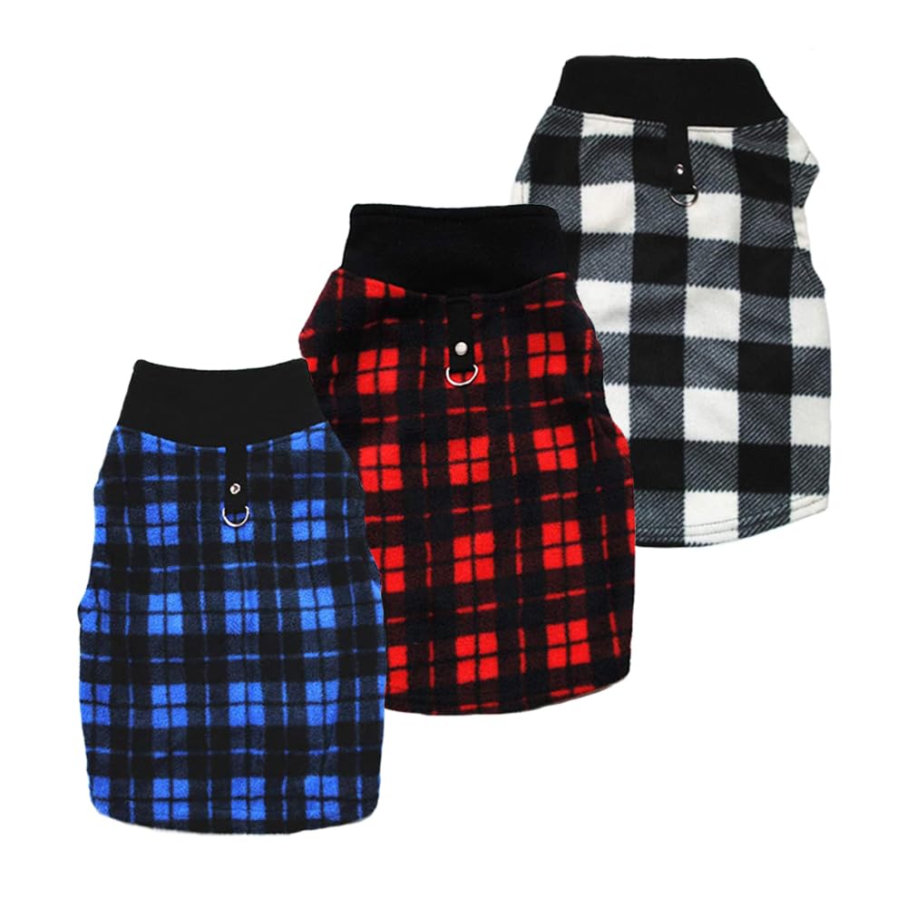 PIXRIY Dog Sweater 3 Pcs, Soft Fleece Vest with Leash Ring Pullover Jacket Winter Pet Dog Clothes for Puppy Small Dogs Cats Teddy Chihuahua Yorkshire (Plaid,XL)