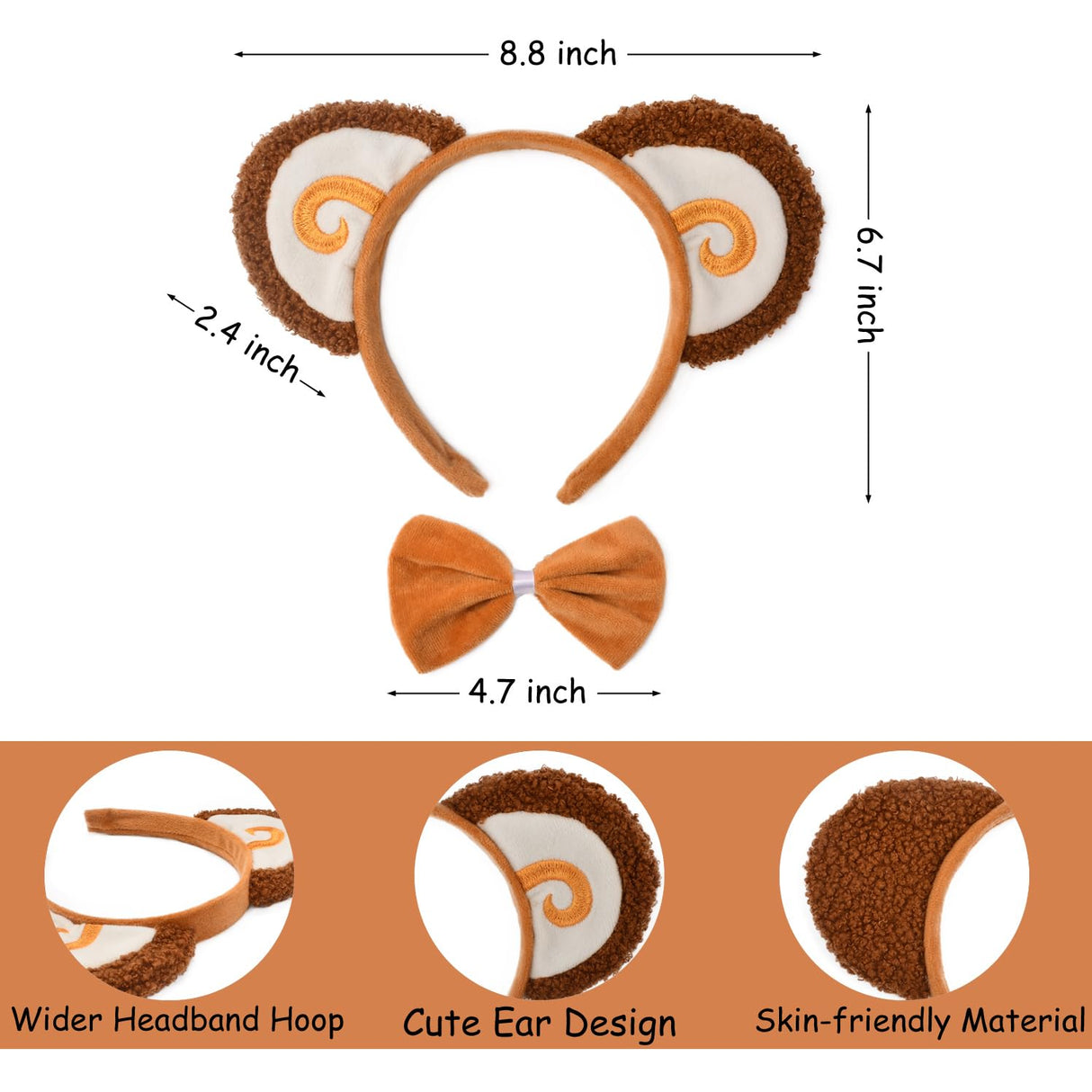 HODRME 3 Pieces Monkey Ears and Tail Set-Orange Monkey Headband Tail Bow Tie Cosplay Party Halloween Costume Accessories for Kids and Adults