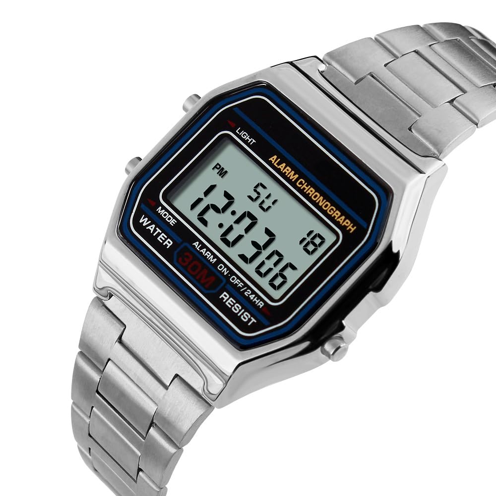 Unisex Men's Digital Watch Silver Stainless Steel LED Backlit Electronic Multifunction Date Alarm Stopwatch Square Woman Waterproof Sport Watches (Silver)