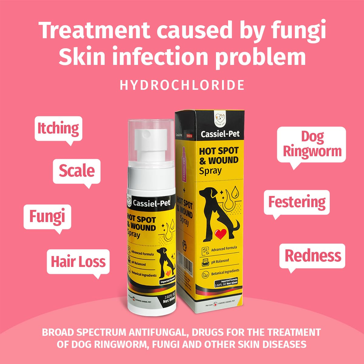 Cassiel pet Hot Spot Spray Treatment, Wound Care & Itch Relief Spray for Dogs and Cats, Relives Scratching, Itchy Skin and Paw Licking, for All Animals, 2.02oz