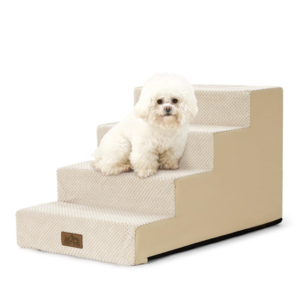COZY KISS Dog Stairs for Small Dogs 15.7" H, 4-Step Gentle Incline Pet Step for Couch Sofa, Non-Slip Right-Angle Dog Ramp for Puppy Doggie Senior Cats, 15.7x23.6x15.7 Inch, Beige