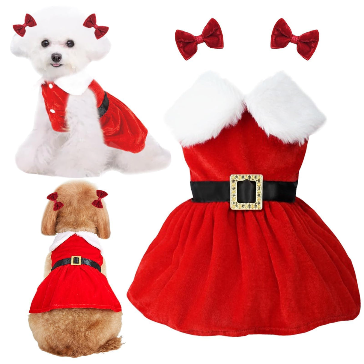 Dog Christmas Red Velvet Dress Cute Puppy Xmas Outfits Santa Claus Cat Skirt with 2 Bow Accessories Thermal Winter Warm Dog Clothes Coat Holiday Costumes(X-Large)