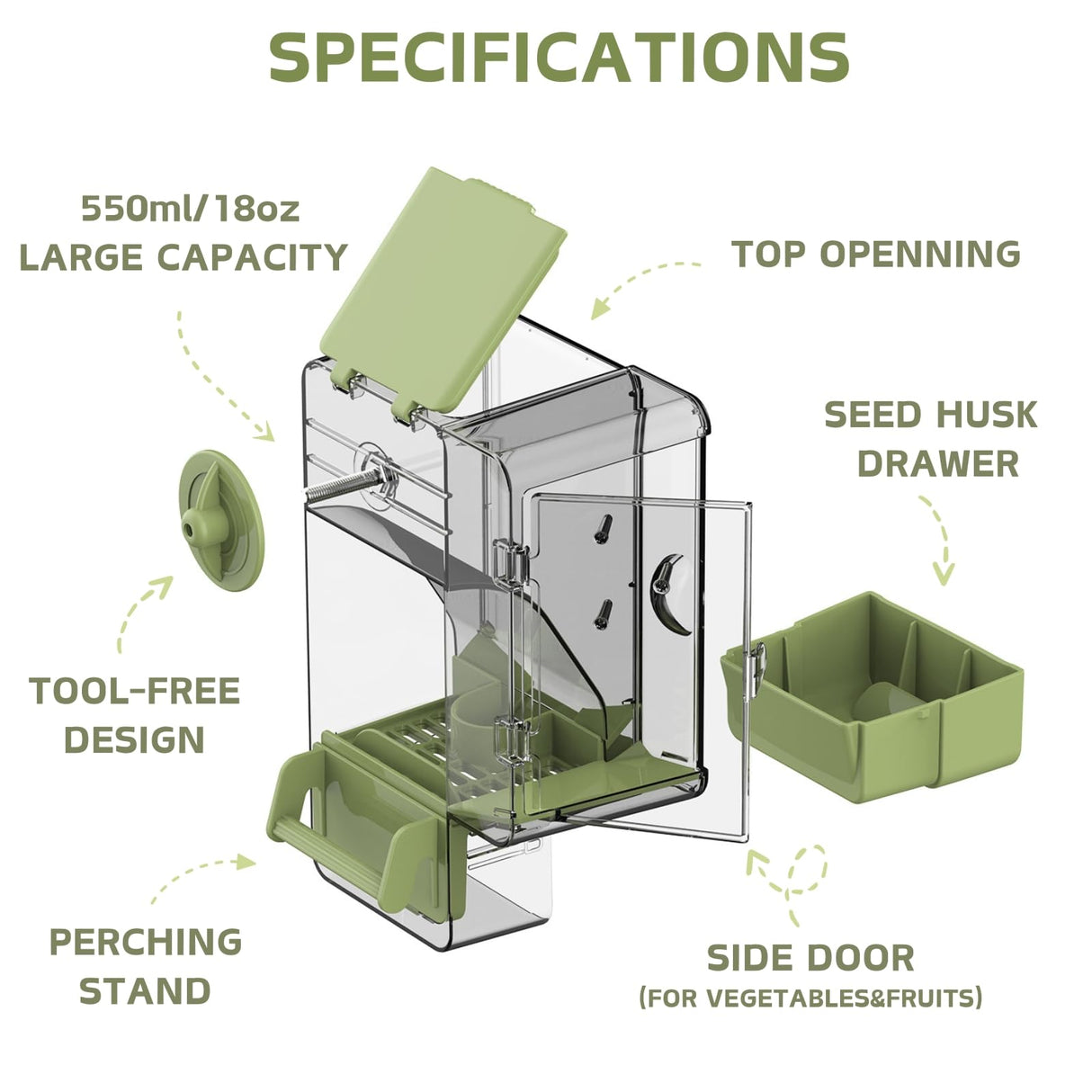 Automatic Bird Feeder, Bird Cage Feeder with Perch Multi-Functional Holder for Fruits Vegetables for Parakeet Canary Cockatiel Finch (Green)