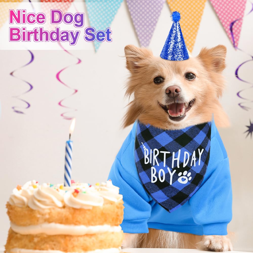 GreenJoy Dog Birthday Party Outfit Decoration Set Supplies - Birthday Bandana, Sweater & Party Hat Gift for Small, Medium & Extra Large Dogs Girl and Boy (Small, Birthday Blue)