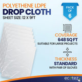 Ecotez 6 Pack 12 x 9 ft Extra Large Plastic Drop Cloth for Painting - Light & Durable Tarp Cover for Furniture - Plastic Clear Tarp Waterproof - Paint Floor Covering - Painters Drop Cloth Sheeting