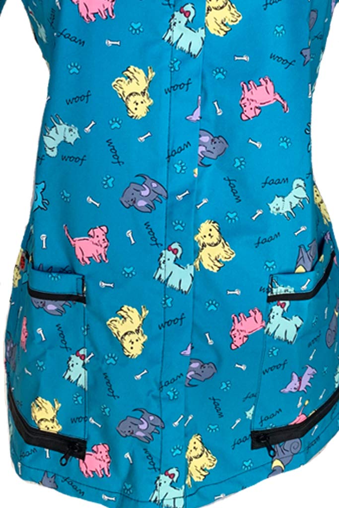 Ladybird Line 713 Blue Dog Design Waterproof Pet Grooming Smock, Hair and Bleach Resistant with Covered Zipper Panel, Mesh Back, and Back Tie Belt, Ideal for Pet Groomers and Vet Clinics - 2XL